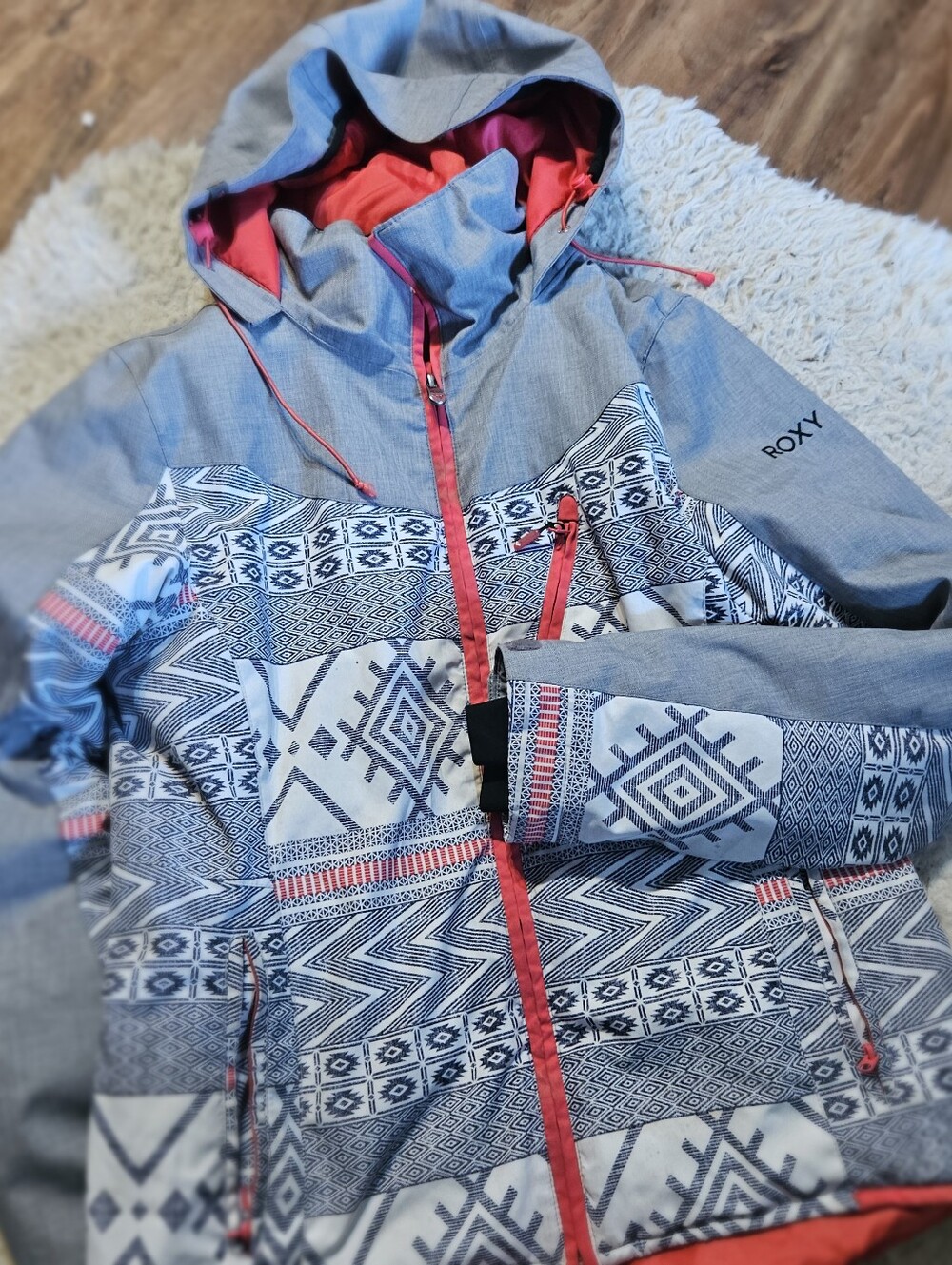 Roxy Medium Gray & Coral Patterned Hooded Jacket
